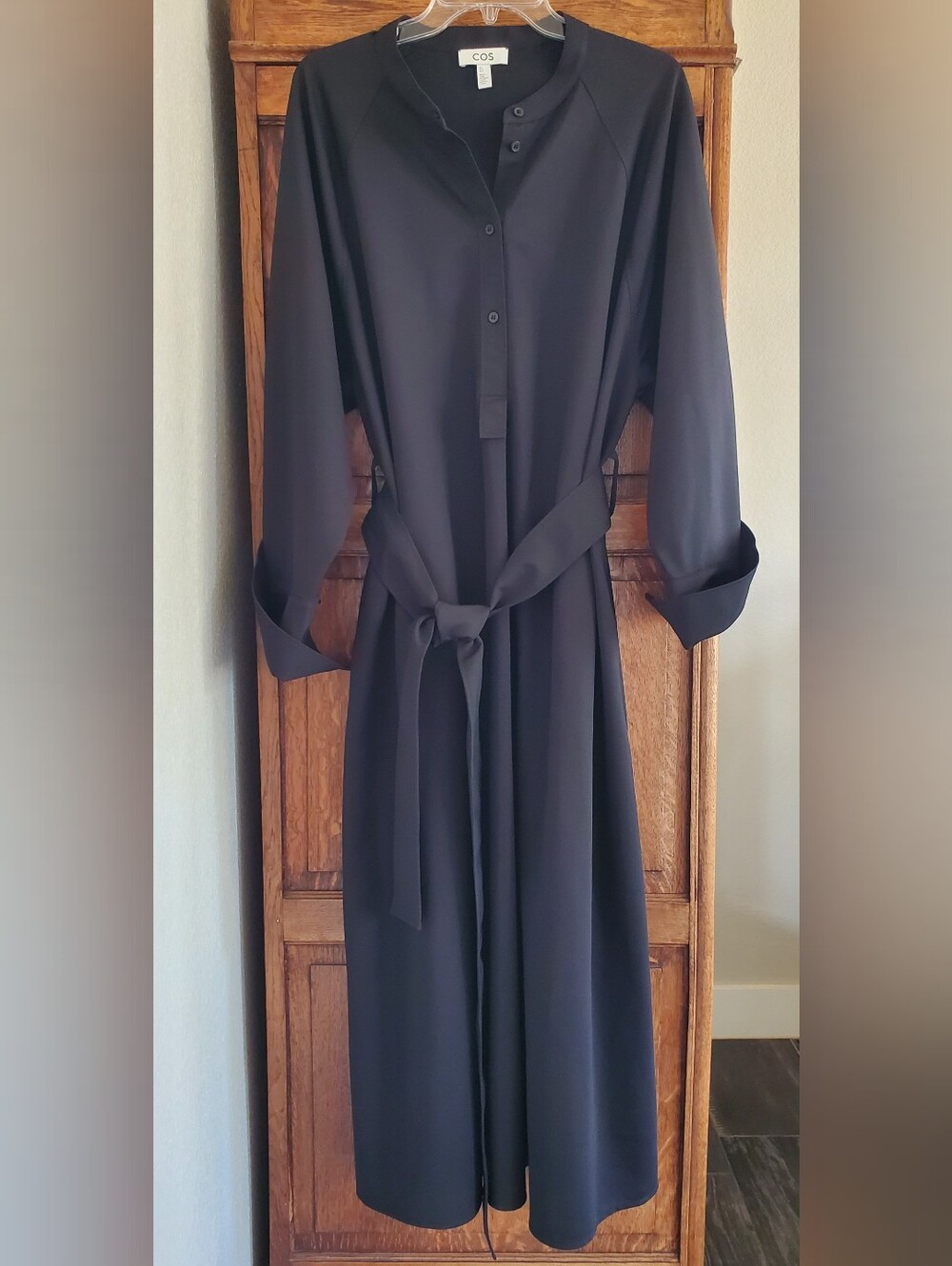 COS Half Button Belted Midi Shirt Dress Black L Large Turn Up Cuffs  NWOT